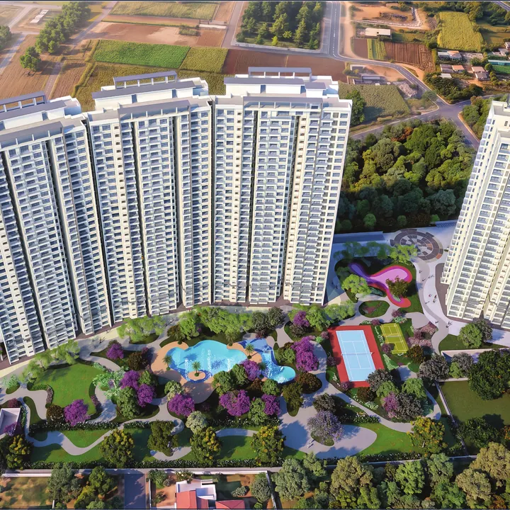 Prestige Garden Breeze aerial view of the four towers, pool and landscaped grounds
