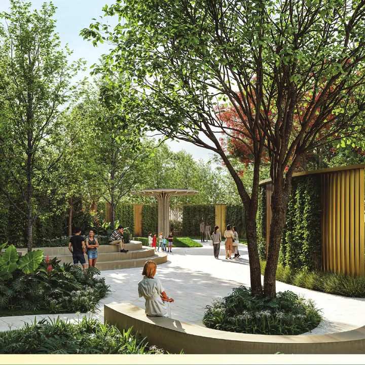 Prestige Garden Breeze landscaped garden courtyard with shaded seating