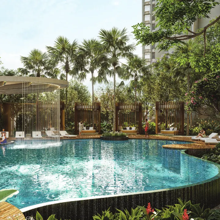 Prestige Garden Breeze swimming pool with waterfall pavilion