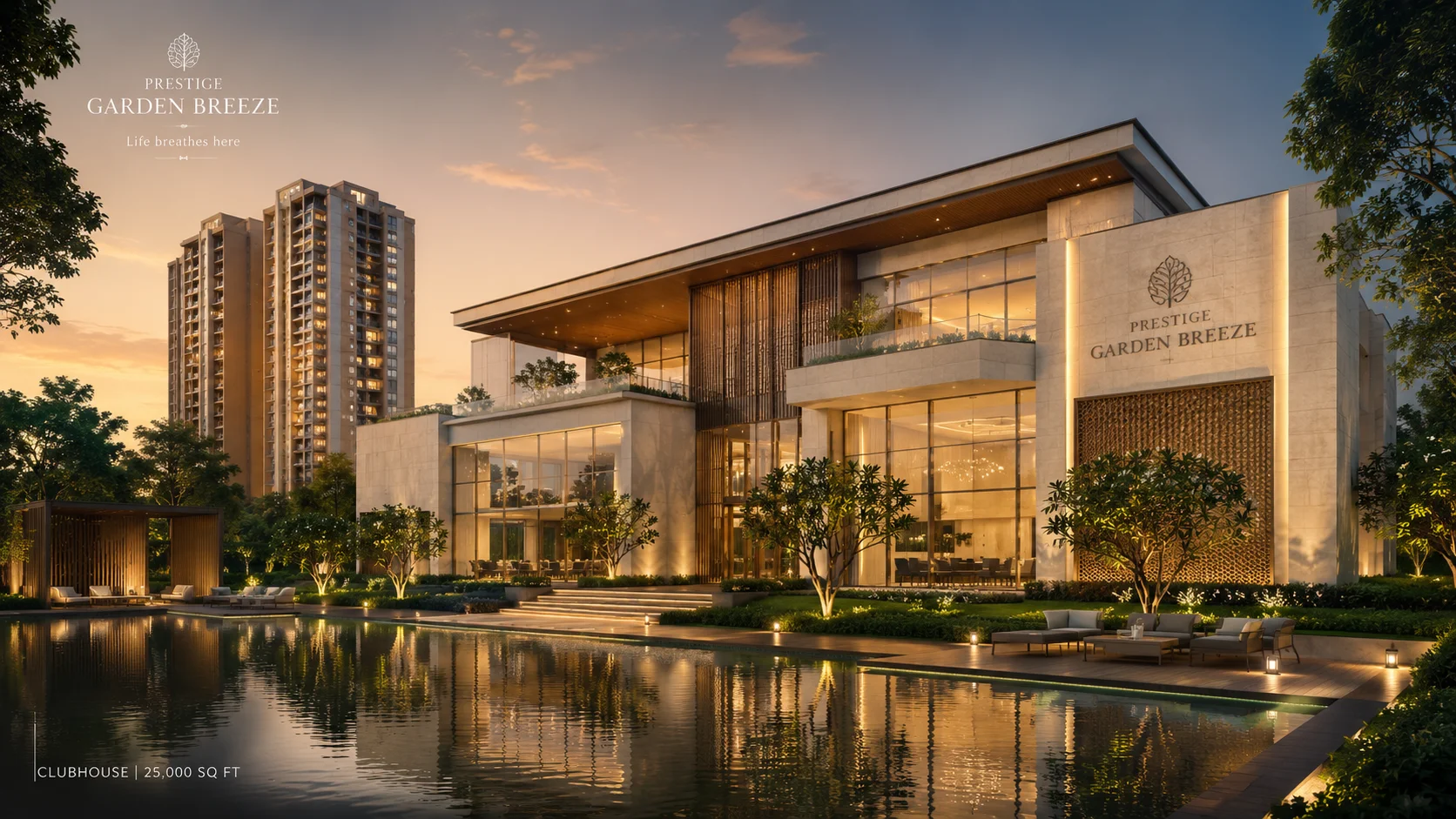 Prestige Garden Breeze 25,000 sqft standalone clubhouse with reflection pool at dusk