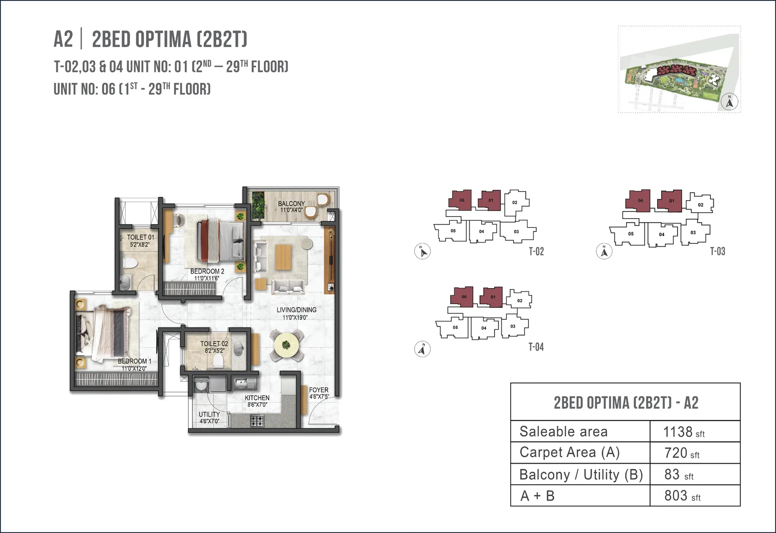 Prestige Garden Breeze 2 BHK Optima A2 floor plan - 1138 sq ft saleable
