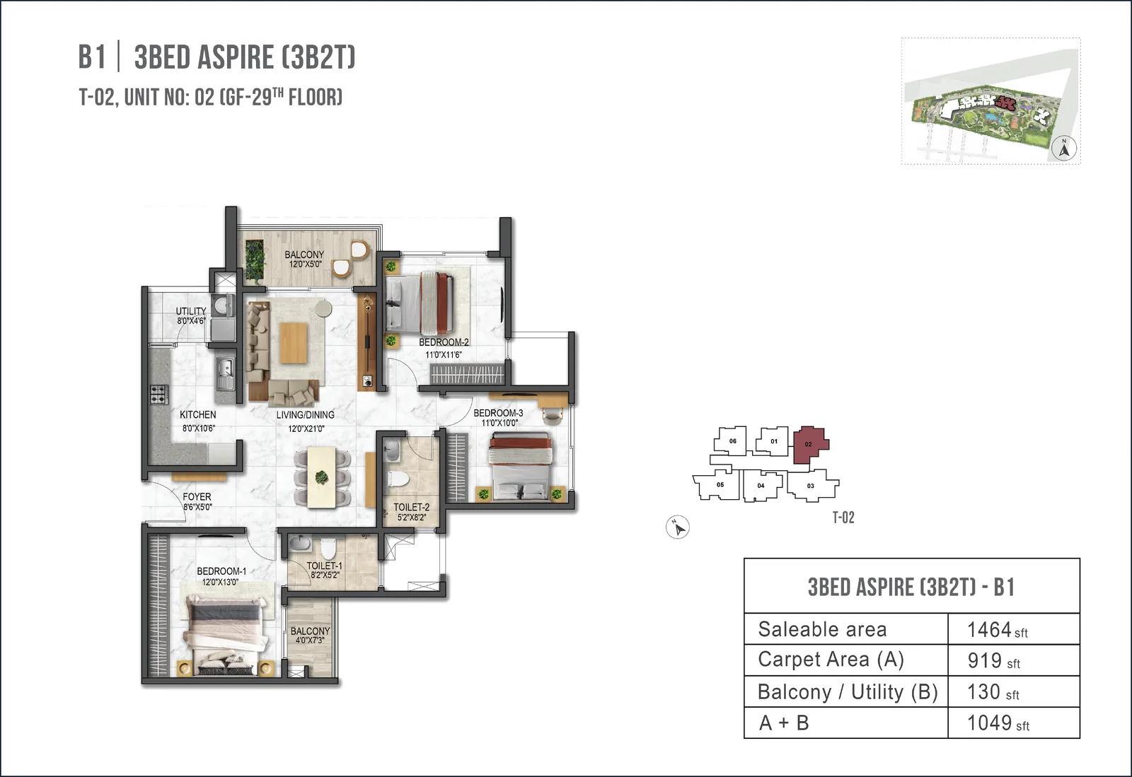 Prestige Garden Breeze 3 BHK Aspire B1 floor plan - 1464 sq ft saleable