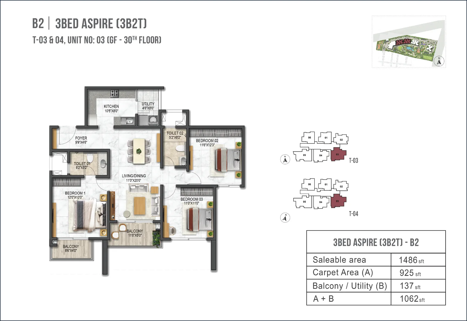 Prestige Garden Breeze 3 BHK Aspire B2 floor plan - 1486 sq ft saleable