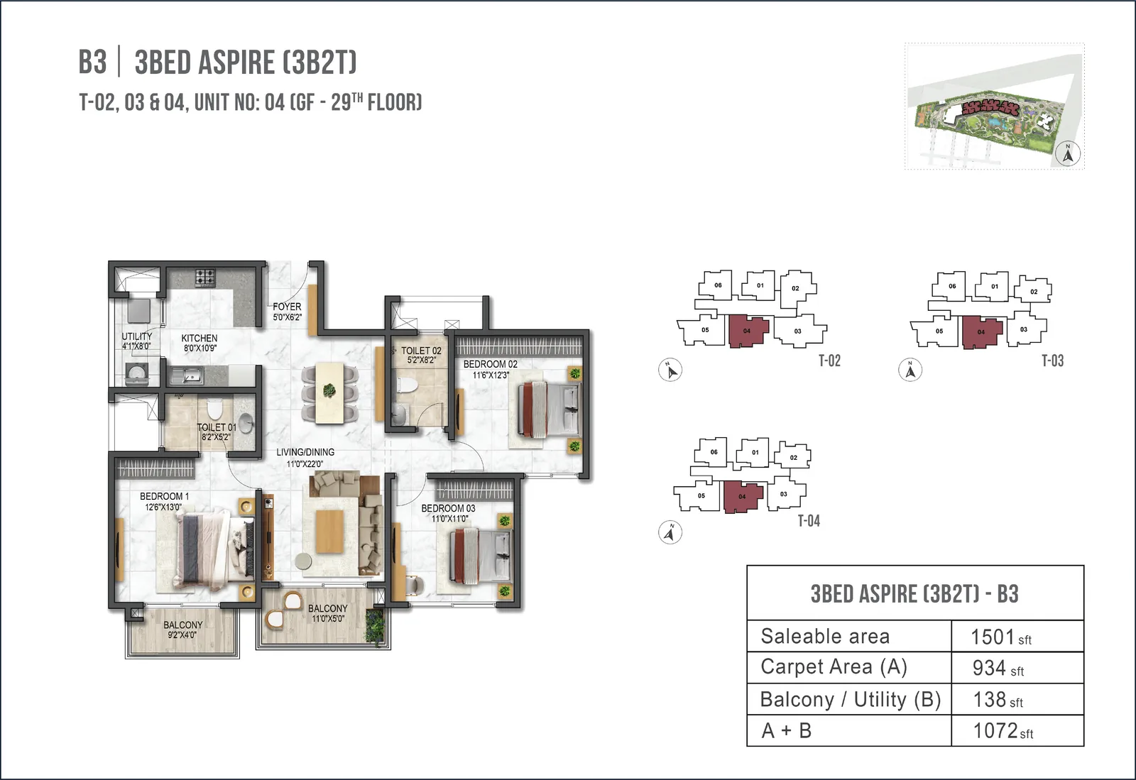 Prestige Garden Breeze 3 BHK Aspire B3 floor plan - 1501 sq ft saleable