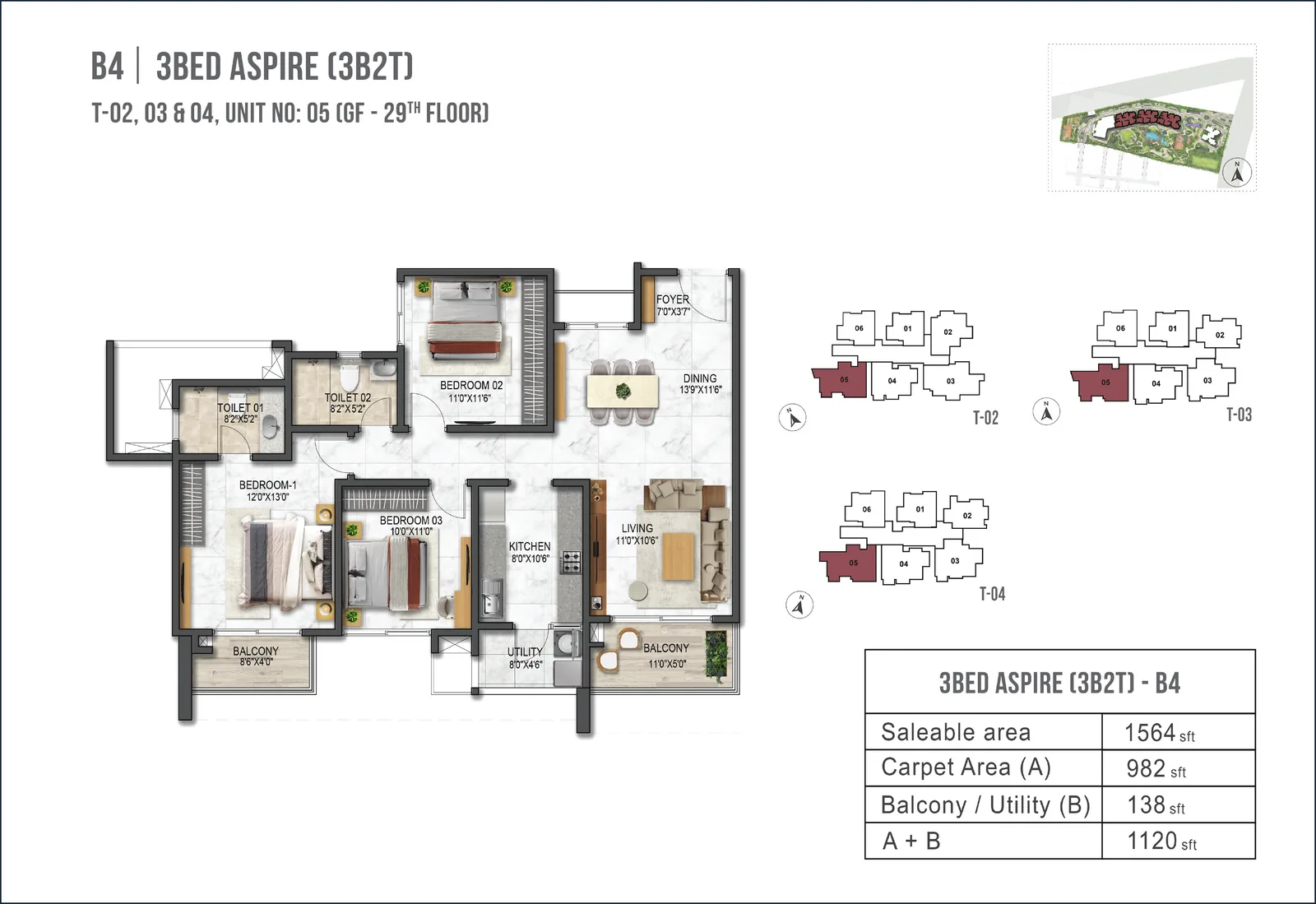 Prestige Garden Breeze 3 BHK Aspire B4 floor plan - 1564 sq ft saleable