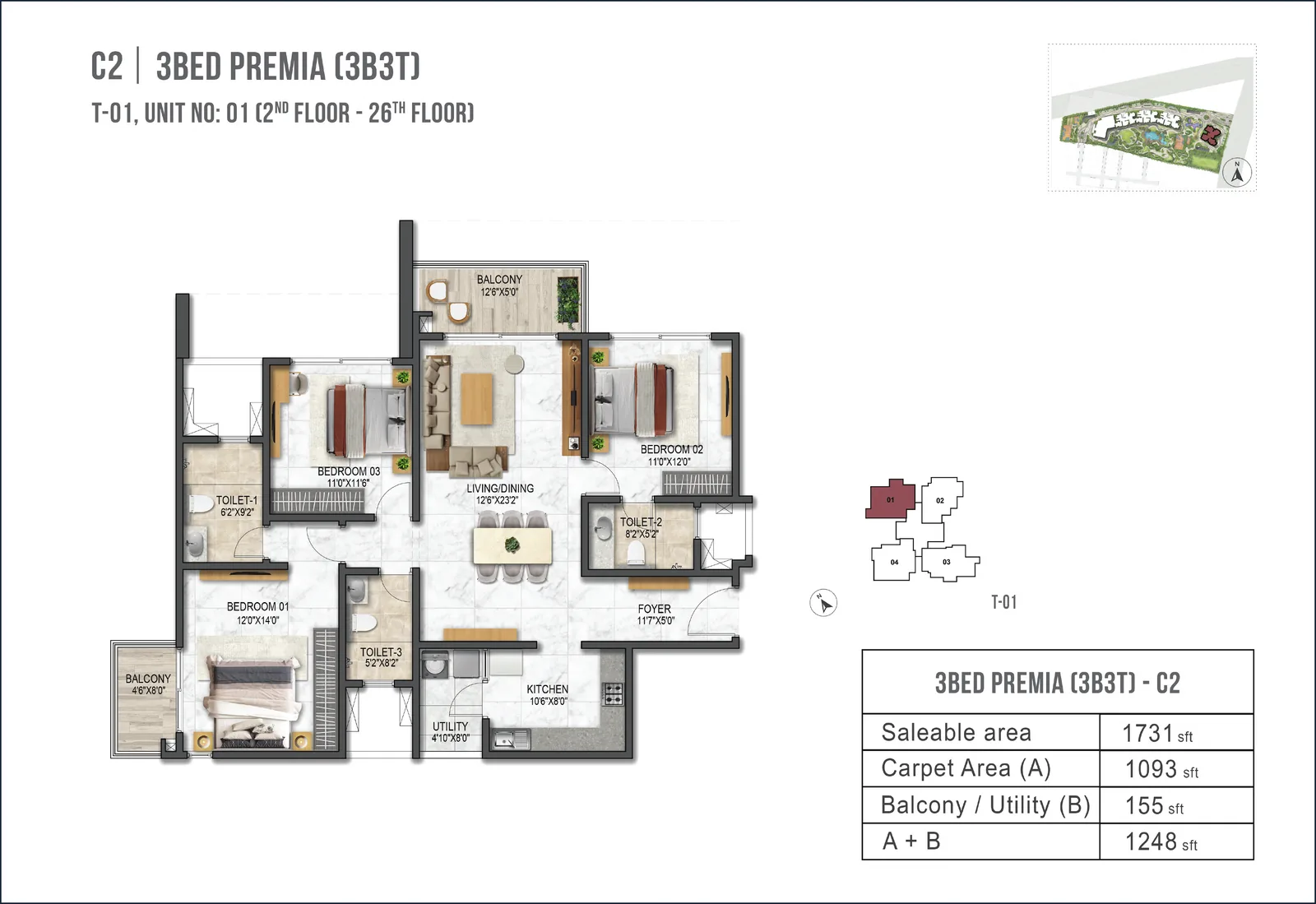 Prestige Garden Breeze 3 BHK Premia C2 floor plan - 1731 sq ft saleable