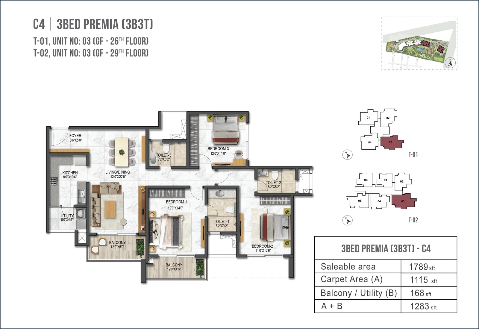 Prestige Garden Breeze 3 BHK Premia C4 floor plan - 1789 sq ft saleable