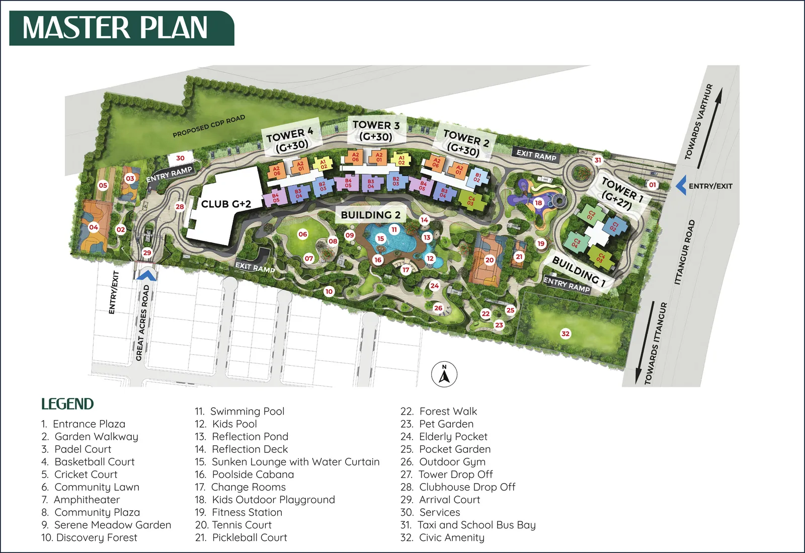 Prestige Garden Breeze master plan showing the four towers, clubhouse and amenity layout
