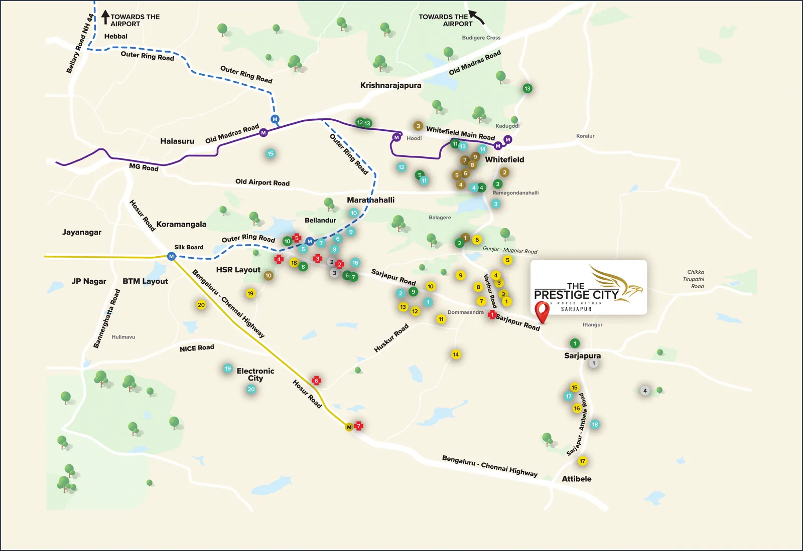 Prestige Garden Breeze location map showing Sarjapur Road, the Outer Ring Road and nearby tech parks, schools and hospitals