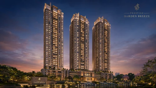 Prestige Garden Breeze three-tower twilight elevation viewed from the central landscape spine